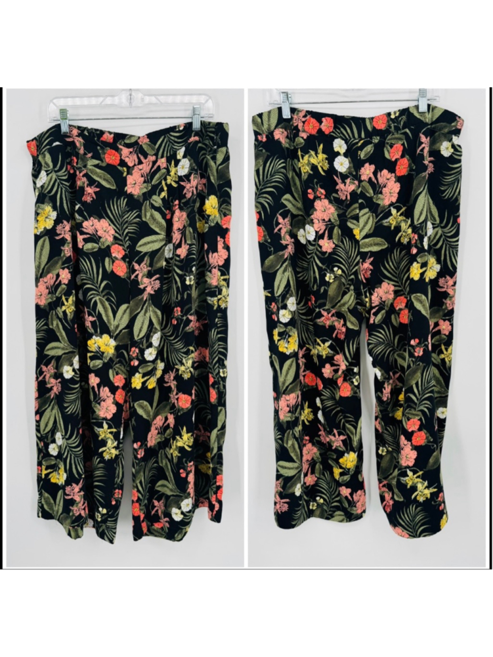 Liz Claiborne Wide Leg Pants Size 14 Black Pink Floral Tropical